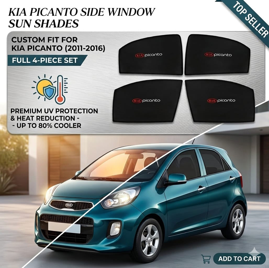 Kia Picanto Car Window Fixed Type Sun Shades with Logo – UV Protection & Heat Shield