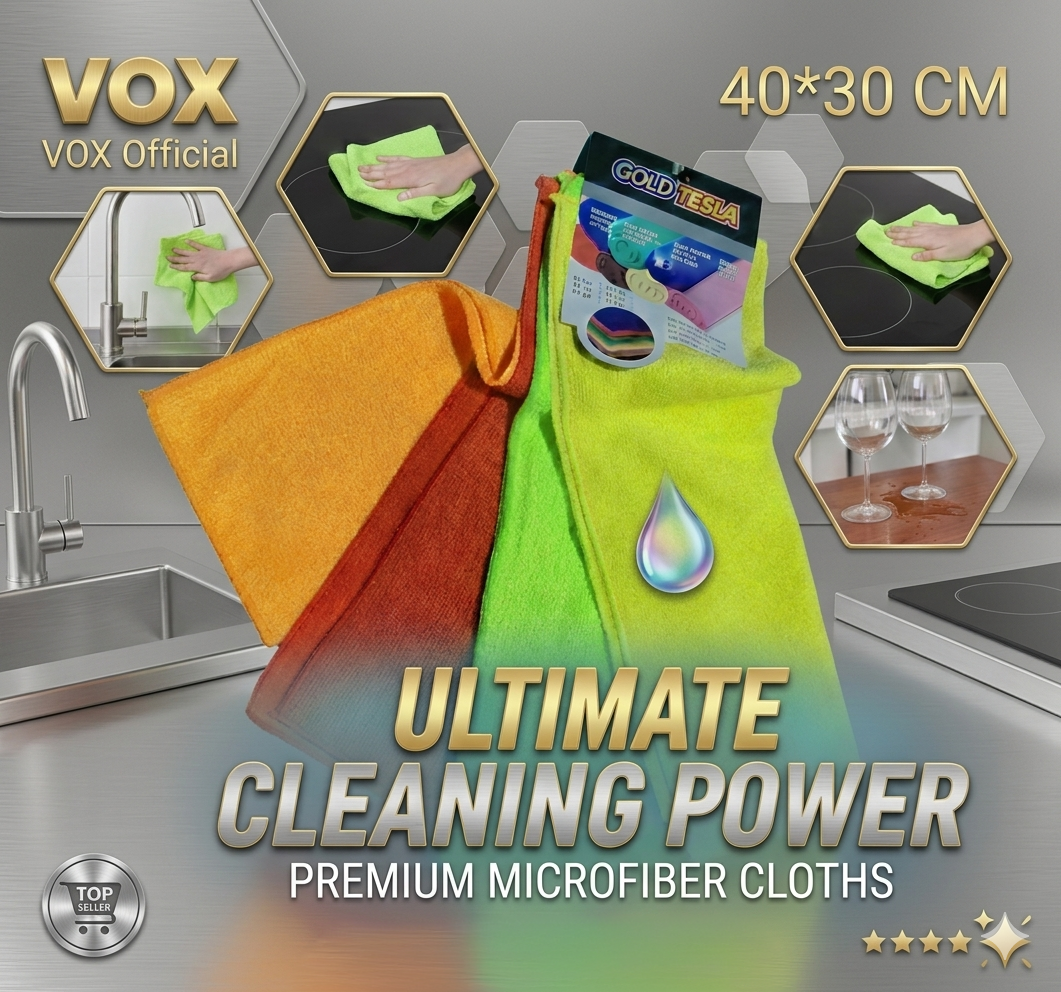 Pack of 4 VOX Microfiber Cleaning Cloth 40×30 cm | Super Absorbent Multipurpose Kitchen Towel | Lint-Free & Scratch-Proof | Glass, Countertop & Dish Drying | Microfiber Cloth