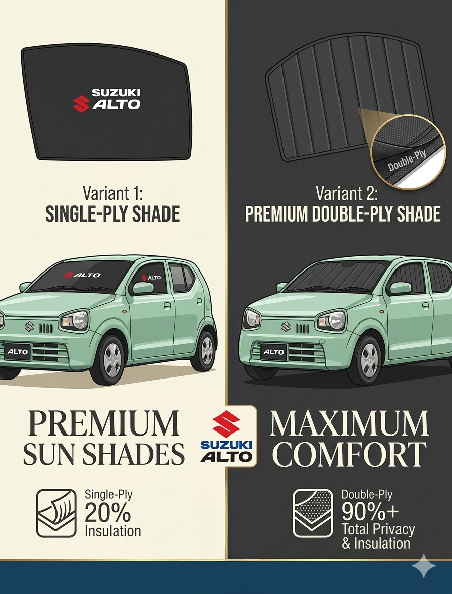 Suzuki Alto 660cc Fixed Window + Back Sun Shades – Double Ply & Single Ply UV Protection Heat Insulation Custom Fit Car Sunshade