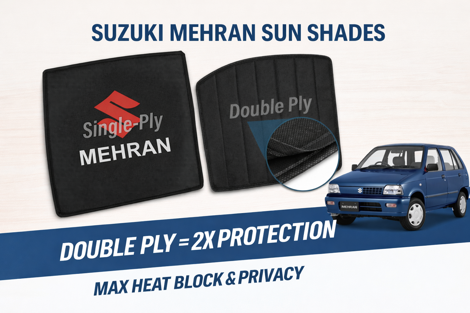 Suzuki Mehran Windows + Back Sun Shade 4 Pcs High Quality Double Ply & Single Ply Sun Shades with Logo - Black - Side Window Sun Shades, UV Protection n Easy Fit