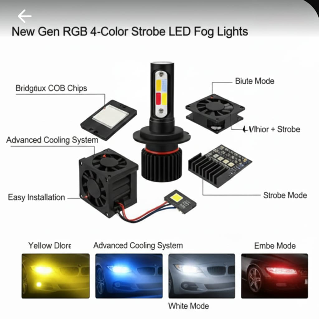 4 Colour LED Car Fog Light H11 Fitting - White, Yellow, Red and Blue Plus Flashing Function - Universal H11 Fitting Waterproof Projector Bulbs- Super Bright Driving Lamps (Pair)