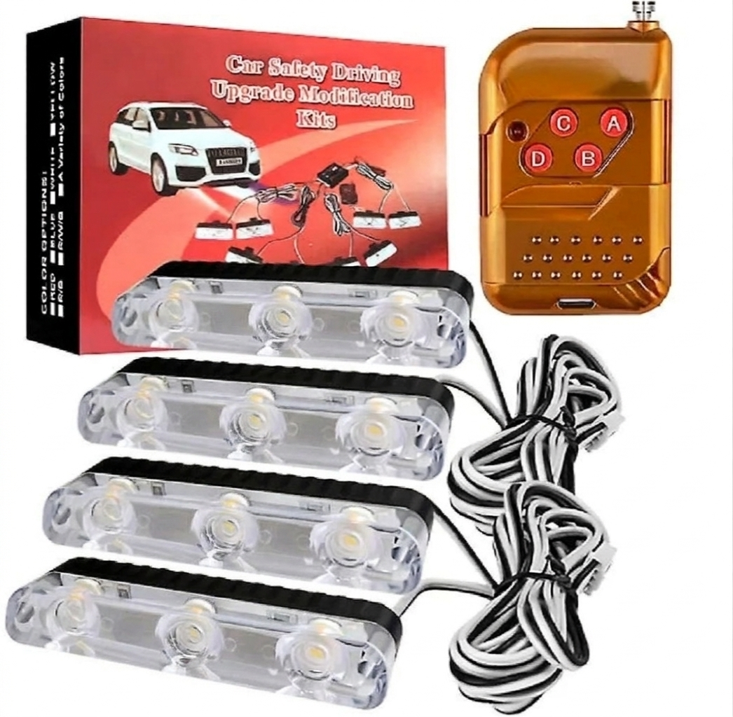 Car LED Flasher Light Red Blue White With Remote | Emergency Style Strobe Warning Light | 12V Universal Dashboard & Grill Light | Led Flasher Light for Car with Remote