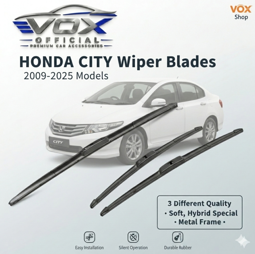 Honda City Wiper Blades 2009–2025 | Soft Silicone, Metal Frame & Hybrid Wipers | Noise-Free Streak-Free Windshield Wipers for Car