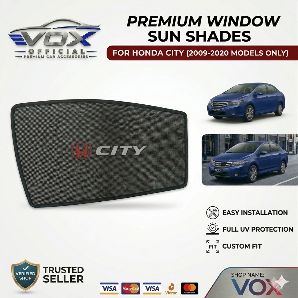 Honda City Windows + Back Sun Shade 4 Pcs 2009-2020 High Quality Sun Shade with Logo - Black - Side Window Sun Shades, UV Protection n Easy Fit