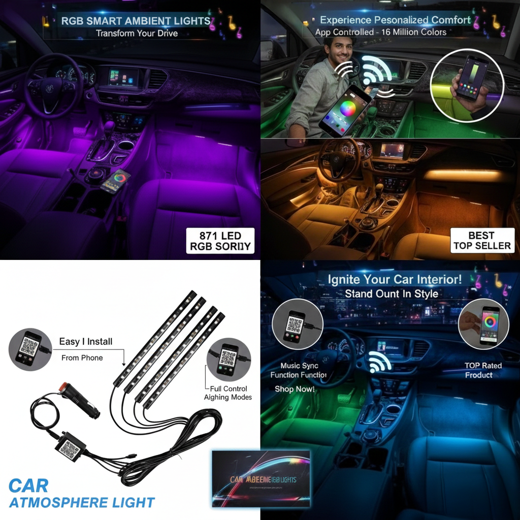 Car Atmosphere Light (12LED Model)| Car Ambient Light | Smart Car LED Foot Light | RGB Backlight | Mobile App Controlled 12V