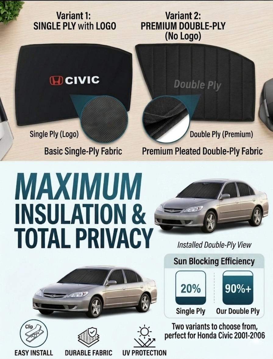 Honda Civic Sun Shades 2001-2006 High Quality Double Ply & Single Ply Sun Shade with Logo - Black - Side Window Sun Shades, UV Protection n Easy Fit