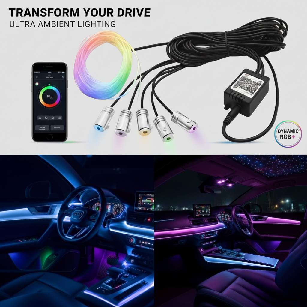 RGB Car Interior Ambient Light Kit 5PCS | Neon Fiber Optic LED Strips | APP & Music Control | USB Powered Auto Decorative Lights