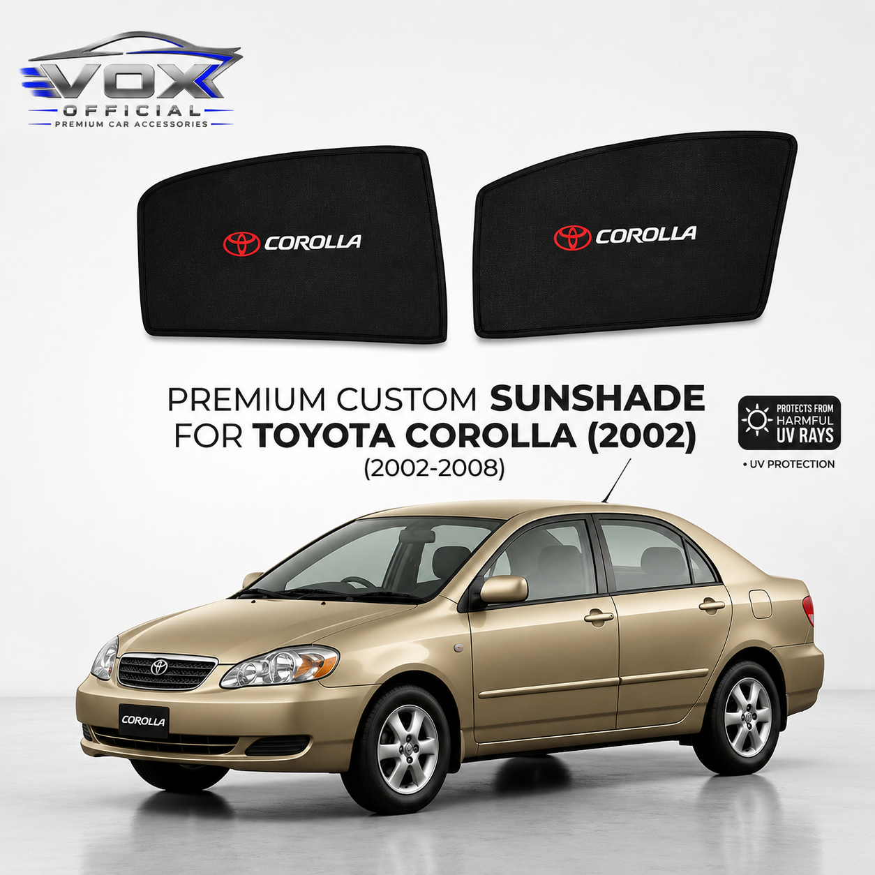 Toyota Corolla Sun Shade 4 Pcs 2002-2008 High Quality Sun Shade with Logo - Black - Side Window Sun Shades, UV Protection n Easy Fit